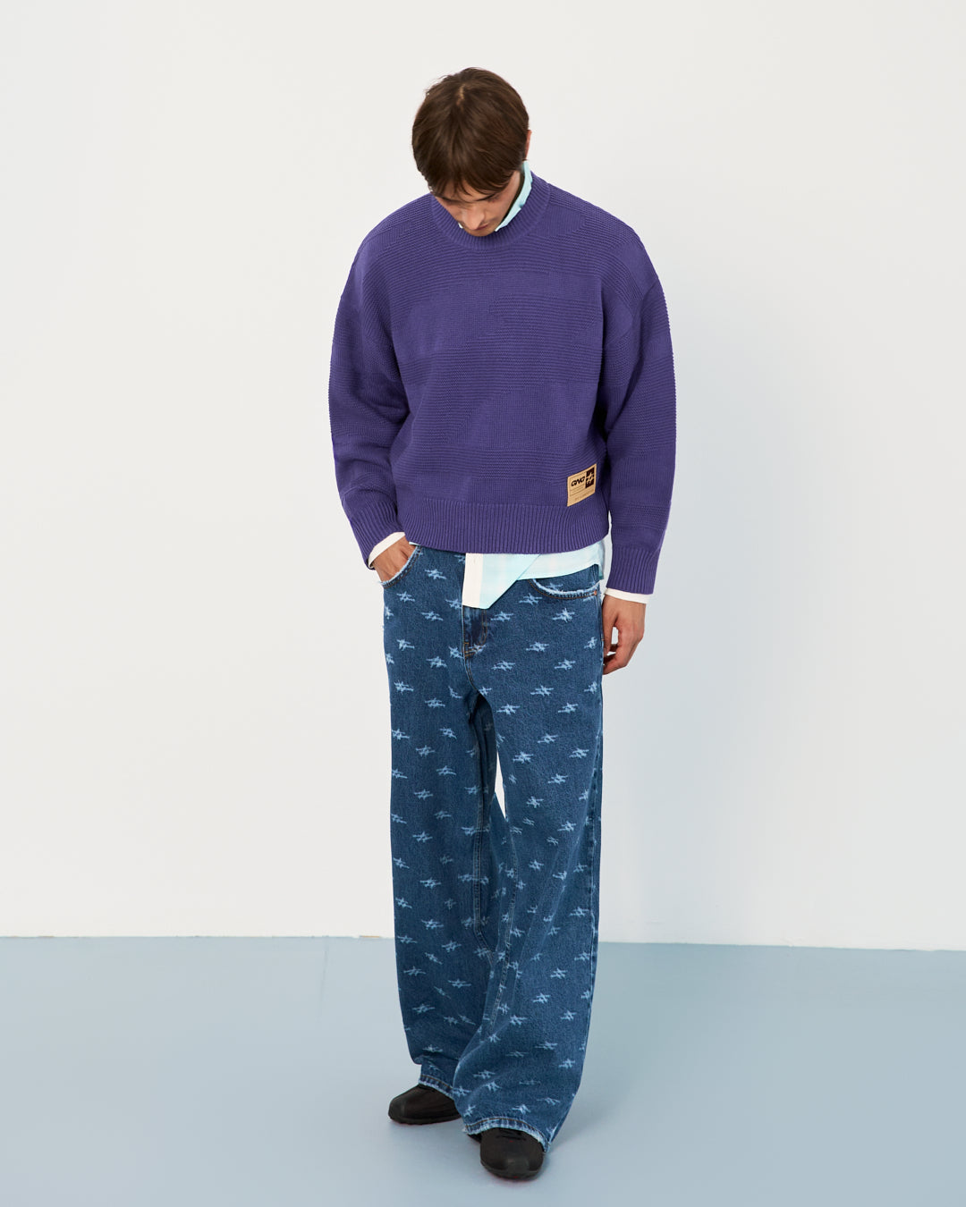 LASER LOGO WIDE LEG DENIM PANTS